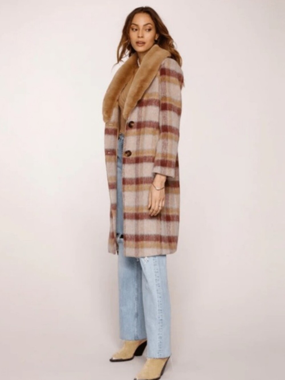 Heartloom Oversized Plaid Pea Coat with Faux Fur Collar - Beige & Burgundy